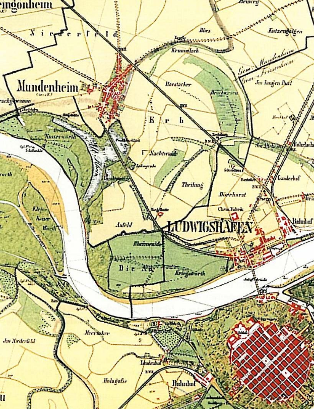 Ein detaillierter alter Stadtplan von Ludwigschaften, Deutschland, der Straßen, Gebäude und Sehenswürdigkeiten mit Text zeigt, der den Standort der Stadt angibt.