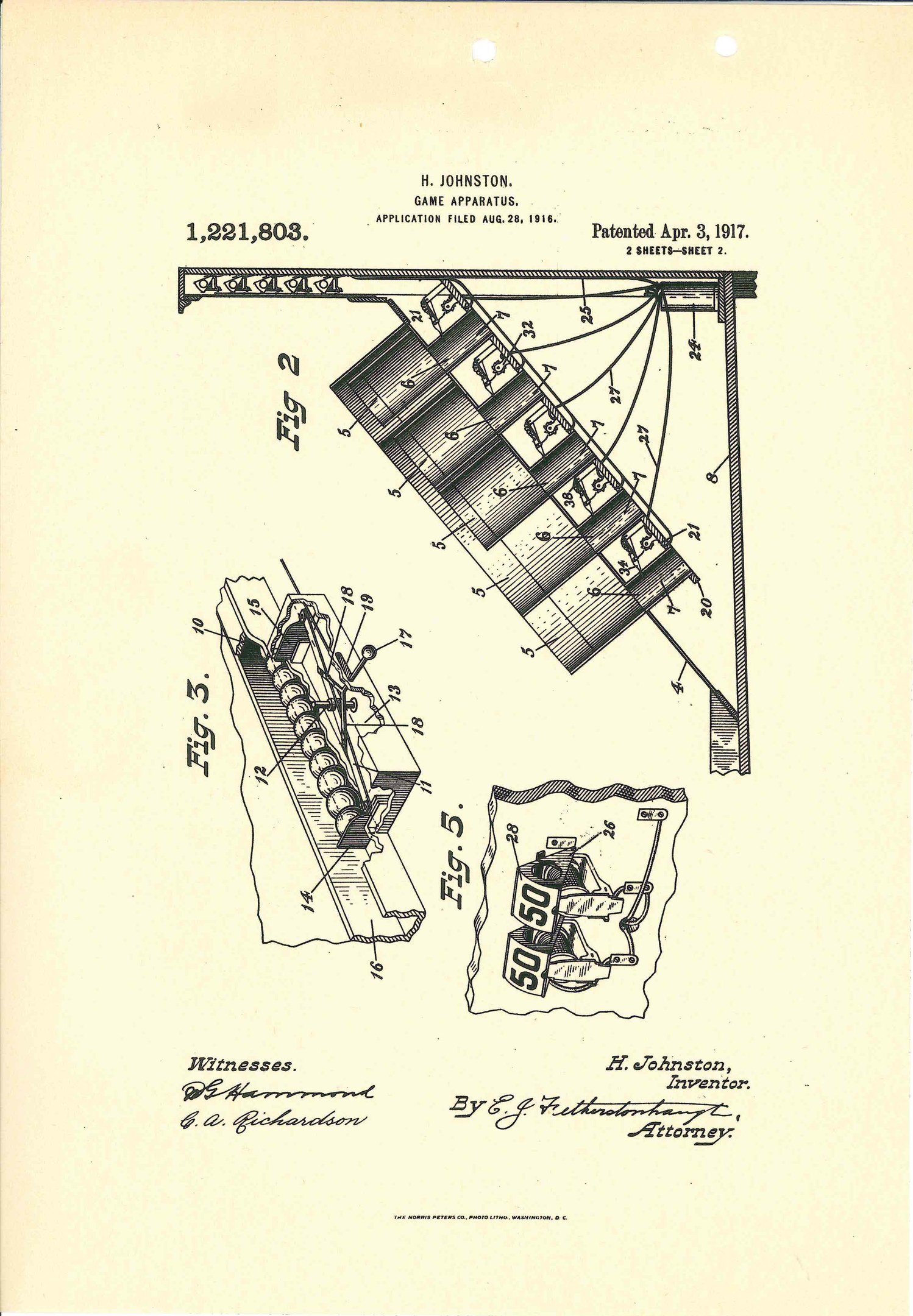 Eine Seite aus einem Buch mit dem Titel "Game Apparatus Patent 1,221,803", das eine detaillierte technische Zeichnung einer Maschine mit beschrifteten Komponenten zeigt.