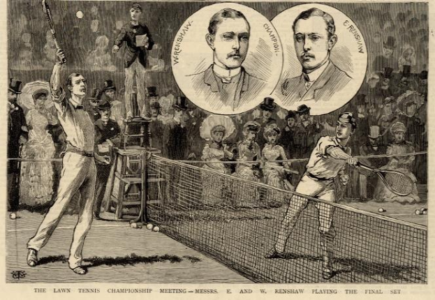 Schwarze und weiße Zeichnung von zwei Männern, die Tennis auf einem Platz mit einem Netz spielen, umgeben von Zuschauern, und Text unten, der lautet "The Lawn Tennis Championship Meeting - Messers, E und W Renshaw spielen das entscheidende Spiel".