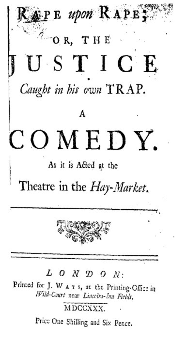 Schwarzes und weißes Plakat mit fetter schwarzer Schrift, die "Vergewaltigung auf Vergewaltigung oder die Justiz in ihrer eigenen Falle" lautet, wahrscheinlich Ankündigung einer Comedy-Show.