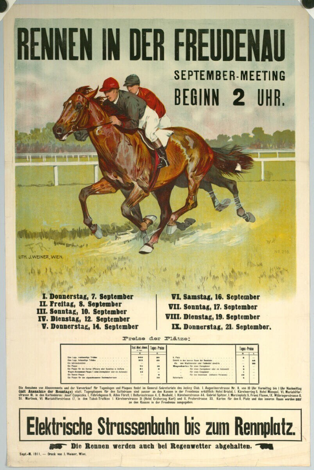 Plakat für ein Pferderennen in Deutschland mit zwei Reitern auf Pferden im Vordergrund und Bäumen im Hintergrund sowie Text mit Renninformationen.