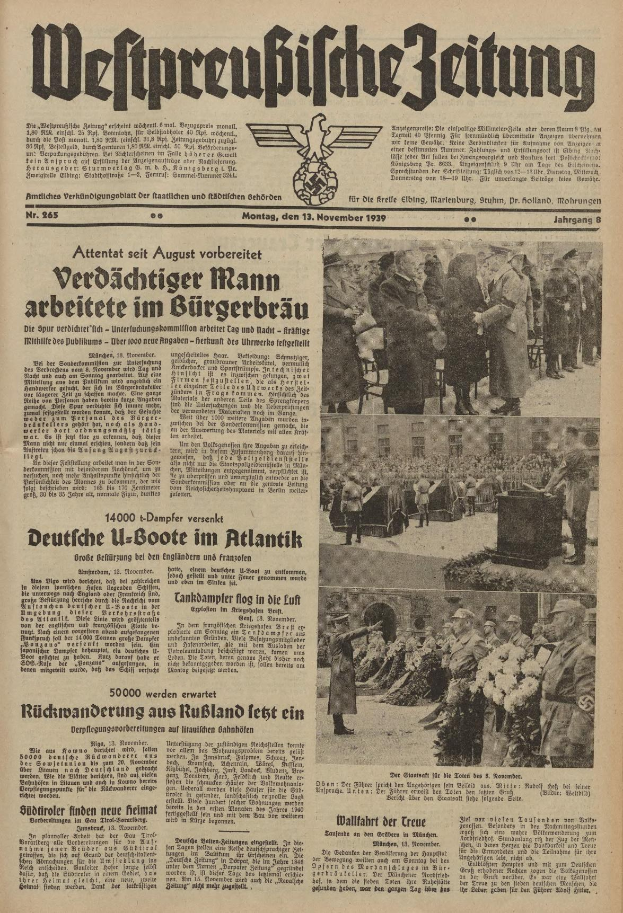 Schwarze und wei├če Titelseite einer deutschen Zeitung vom 13. November 1939 mit der Uberschrift 'Weitpreubliche Zeitung', die eine Gruppe von Menschen in traditioneller deutscher Kleidung zeigt.