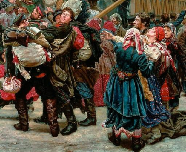 Gemälde, das eine Gruppe von Menschen zeigt, die vor einem Publikum tanzen, während der russischen Revolution, gekleidet in traditioneller Kleidung, mit einem hölzernen Haus im Hintergrund.