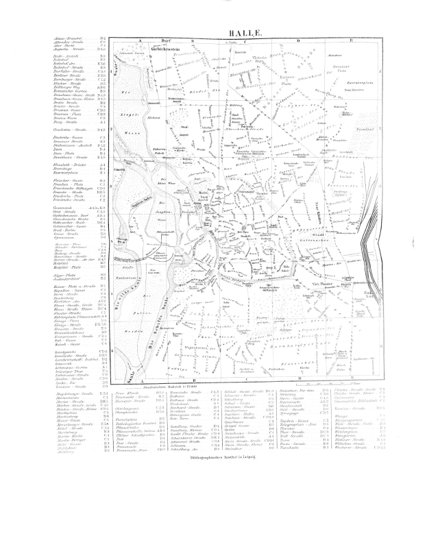 Eine schwarz-weiße detaillierte Karte von Halle, Deutschland, mit Text, der einen umfassenden Überblick über das Gebiet bietet.