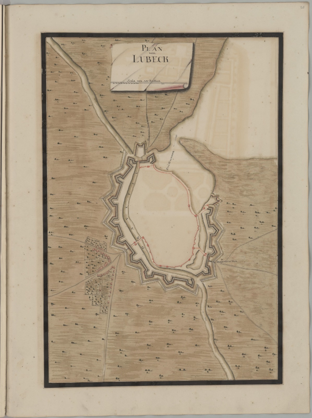 Ein altes Buch mit einer detaillierten Karte von Lübeck, die Straßen, Gebäude, Sehenswürdigkeiten und Text über die Bevölkerung, Geschichte und Kultur der Stadt zeigt.