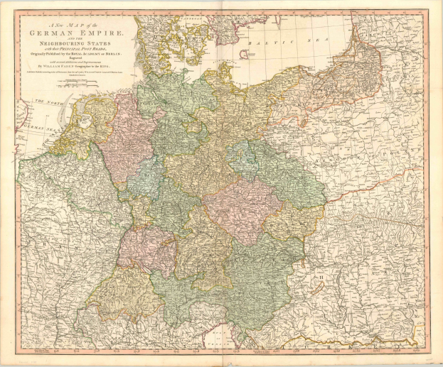 Eine Karte des Deutschen Reichs mit benachbarten Staaten und ihren Hauptstädten, gedruckt auf Papier mit detallierten Texten über die Region.