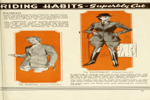 Eine Zeitung mit einem Mann und einer Frau in Abendgarderobe und der Überschrift "Reitkleidung - Meisterhaft geschnitten" oben drauf, beide mit selbstbewussten Gesichtern.