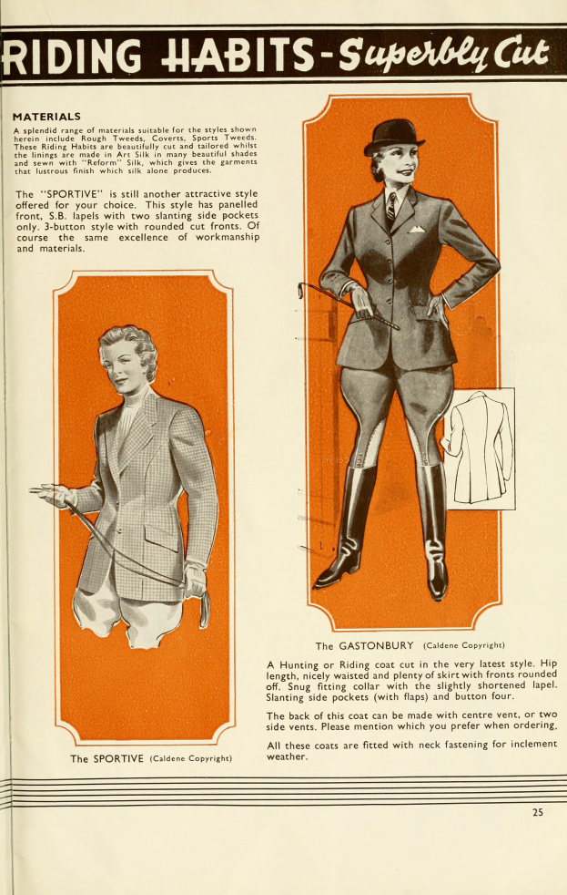 Eine Zeitung mit einem Mann und einer Frau in Abendgarderobe und der Überschrift "Reitkleidung - Meisterhaft geschnitten" oben drauf, beide mit selbstbewussten Gesichtern.