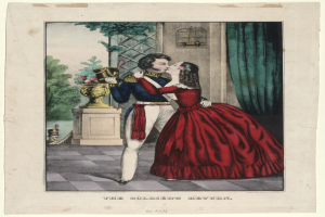 Ein Mann und eine Frau in einem roten Kleid umarmen und küssen sich vor einem Fenster, mit einem Blumenstrauß auf einem Sockel im Vordergrund, Bäumen im Hintergrund und einem Vorhang auf der rechten Seite.