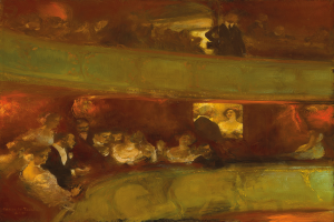 Ein Bild einer vielseitigen Gruppe von Menschen in einem hell erleuchteten Theater, alle in Abendgarderobe, einige stehend, andere sitzend, und damit eine lebendige und einladende Atmosphäre schaffend.