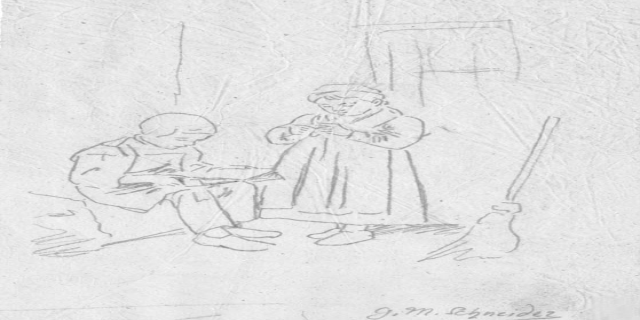 Eine Zeichnung eines Mannes in Anzug und Krawatte und einer Frau auf einer Bank sitzend, die in ein ernstes Gespräch vertieft sind, wobei der Mann einen Besenstiel hält; Text unten lautet "G.M. Echneidez, 'Vater und Tochter'