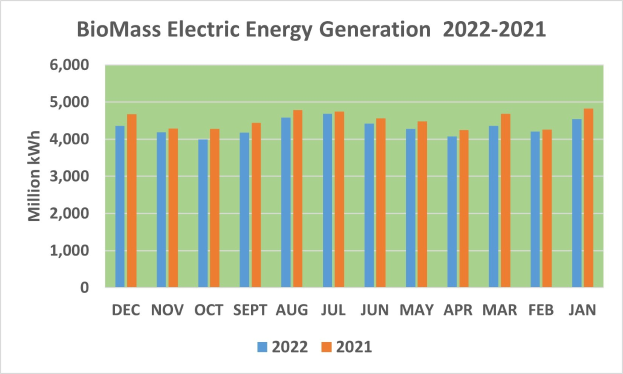 Eine Liniengrafik, die die Trends der Stromerzeugung aus Biomasse von 2021 bis 2022 zeigt, mit begleitendem Text.