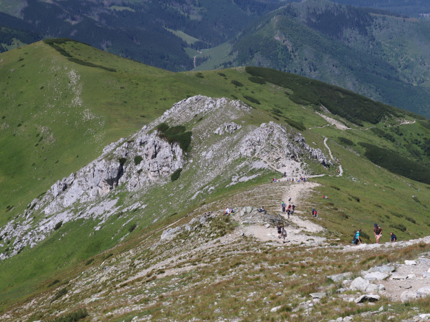 Gruppe von Menschen beim Wandern auf einem Berg Hang mit grünem Gras und felsigem Gelände, Himmel im Hintergrund sichtbar.