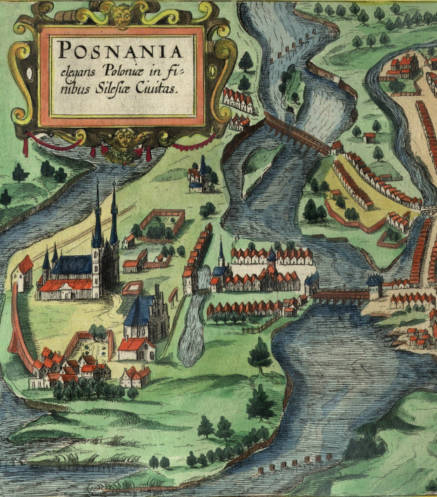 Ein Plakat mit einer Karte von Posnania, Polen, das Häuser, Bäume, Gras, einen Fluss und begleitenden Text zeigt.