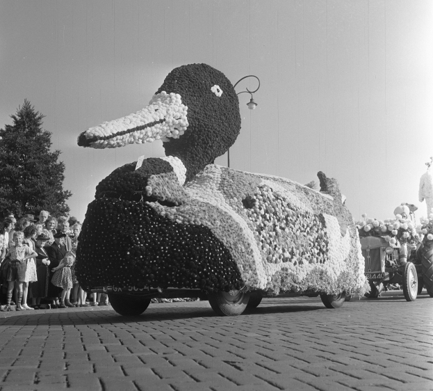 Schwarz-weißes Foto eines Umzugswagens in Form einer Ente, geschmückt mit Blumen, mit Menschen zu seiner Linken und Bäumen im Hintergrund bei klarem Himmel.