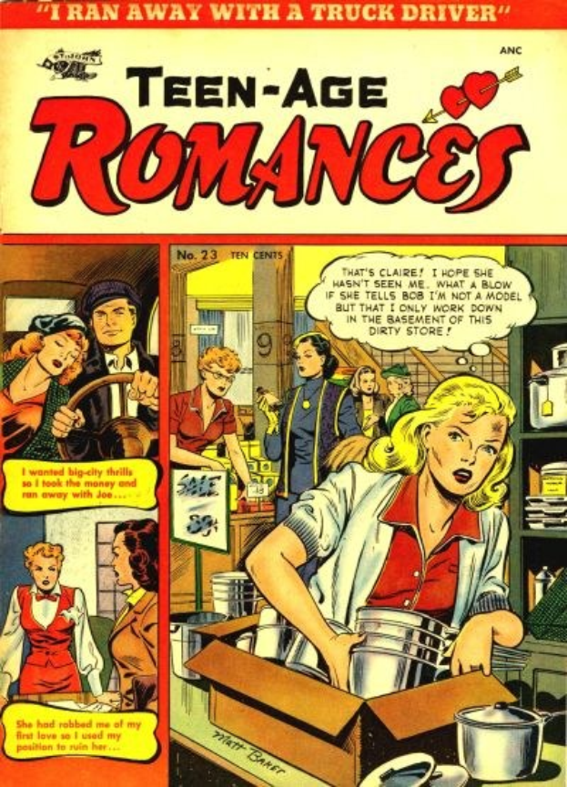 Ein leuchtendes DC-Comics-Plakat mit dem Titel 'Teen-Age Romances 23-A', das eine Gruppe von Menschen in einer fröhlichen, romantischen Umarmung zeigt, mit fetter Schrift und leuchtenden Farben.