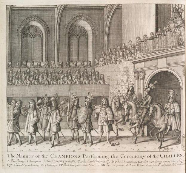 Eine Zeichnung einer Gruppe von Menschen, einige zu Pferd, vor einer Menge und einem Gebäude, mit Text unten, der "Die Art der Champions bei der Zeremonie der Herausforderung" liest.