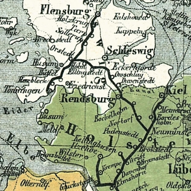 Ein altes Stadtplan von Flensburg, Deutschland, mit Text und Zahlen, die die Stadttorte markieren.