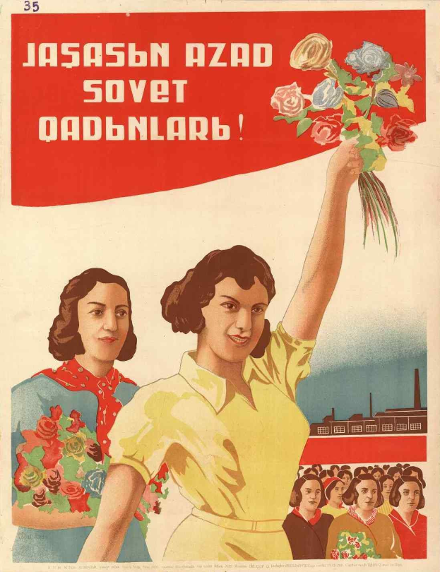 Sowjetisches Propagandaplakat zum Internationalen Frauentag, das eine Frau mit einem Blumenstrauß in der Hand zeigt, umgeben von einer Menge und einem Gebäude, mit der Aufschrift "Frauentag".