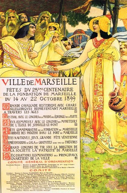 Plakat aus dem Jahr 1899, das ein Fest in Marseille, Frankreich, ankündigt und eine Gruppe von Menschen mit B├Ąumen im Hintergrund und Text mit Festivaldetails zeigt.