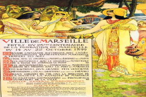 Plakat aus dem Jahr 1899, das ein Fest in Marseille, Frankreich, ankündigt und eine Gruppe von Menschen mit B├Ąumen im Hintergrund und Text mit Festivaldetails zeigt.