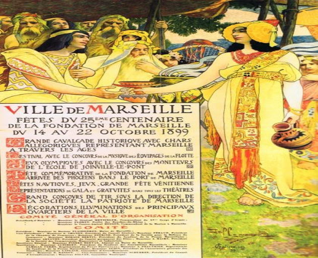 Plakat aus dem Jahr 1899, das ein Fest in Marseille, Frankreich, ankündigt und eine Gruppe von Menschen mit B├Ąumen im Hintergrund und Text mit Festivaldetails zeigt.