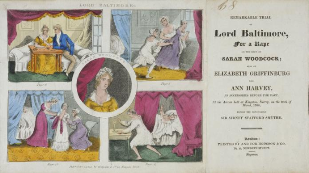 Ein historisches Dokument zeigt den Prozess gegen Lord Baltimore wegen der Vergewaltigung von Sarah Woodcock und Elizabeth Griffinburg mit Abbildungen von Menschen, Vorhängen und Text.