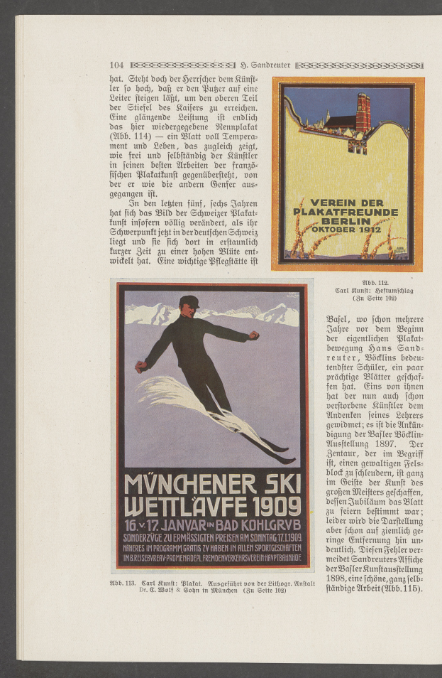 Eine Person in einem Neoprenanzug und Helm, die eine schneebedeckte Piste hinunterskifährt, mit einem hellblauen Himmel im Hintergrund, mit dem Text "Münchner Ski-Wettläufe 1909".