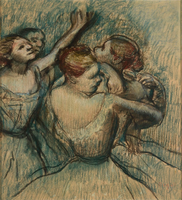 Edgar Degas' Gemälde von drei Tänzerinnen in einer Tanzpose, wobei eine ein Baby in den Armen hält, vor einem hellblauen Hintergrund mit Sternen.