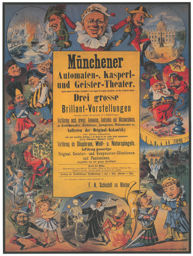 Ein nostalgisches deutsches Filmplakat für das Munchener Automaten-Kasperl- und Geister-Theater, das eine Gruppe von Menschen in bunten Kostümen in der Mitte zeigt, umgeben von Text, der eine lebendige Atmosphäre vermittelt.