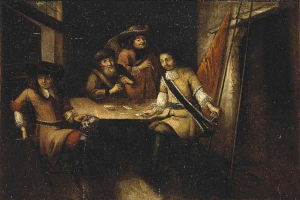 Ein Gemälde mit dem Titel "Das Kartenspiel" von Rembrandt van Rijn, das eine Gruppe von Menschen beim Kartenspielen in einer Schenke zeigt, mit einem Tisch voller Karten und Gegenständen in der Mitte, einem Vorhang und einem Fenster rechts.