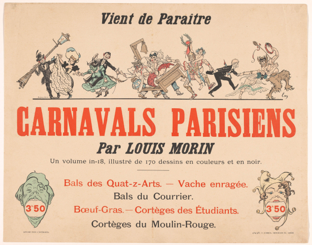 Ein Papier mit der Überschrift "Carnivals Parisiens par Louis Morin" in fetter Schrift, das farbenfrohe, detailreiche Entwürfe von Menschen in bunten Faschingskostümen und Masken zeigt.