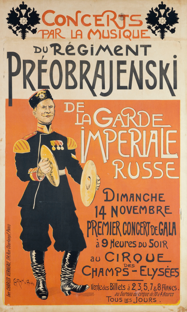 Ein Plakat, das ein Konzert für den Kaiser von Russland ankündigt und einen Mann in der Mitte zeigt, der ein Musikinstrument hält, sowie Text mit Informationen zum Event.