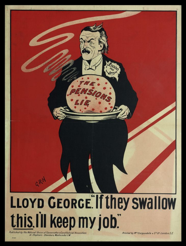 Ein Plakat von Lloyd George, ein Mann mit ernster Miene, der ein Tablett mit der Aufschrift "Wenn sie das schlucken, behalte ich meinen Job." hält.