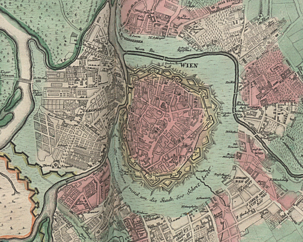 Alte Wien-Karte zeigt Straßen, Gebäude und Sehenswürdigkeiten in detailreichem Stil.