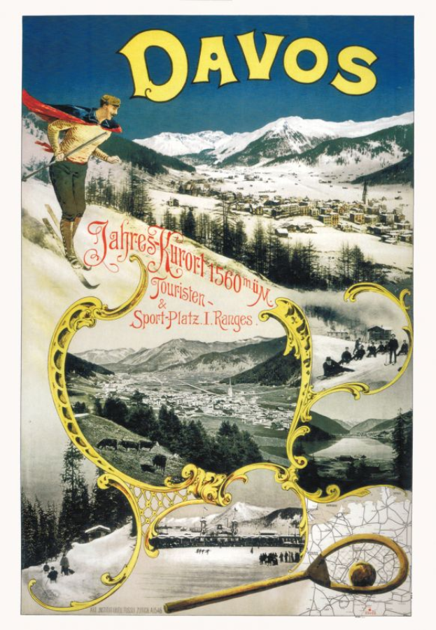Ein Vintage-Plakat, das die Skiresort Davos in der Schweiz bewirbt, zeigt einen Skifahrer im Vordergrund mit Bäumen, Häusern und Bergen im Hintergrund sowie begleitenden Text.