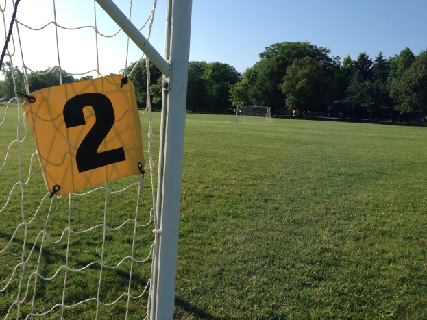 Ein Fußballtor mit der Nummer 2 darauf, umgeben von grünem Gras, Bäumen und einem klaren blauen Himmel.