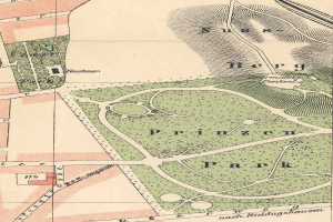 Ausführliche alte Karte von Berlin, Deutschland, die einen bestimmten Park mit Straßen, Sehenswürdigkeiten und Text beschreibt.