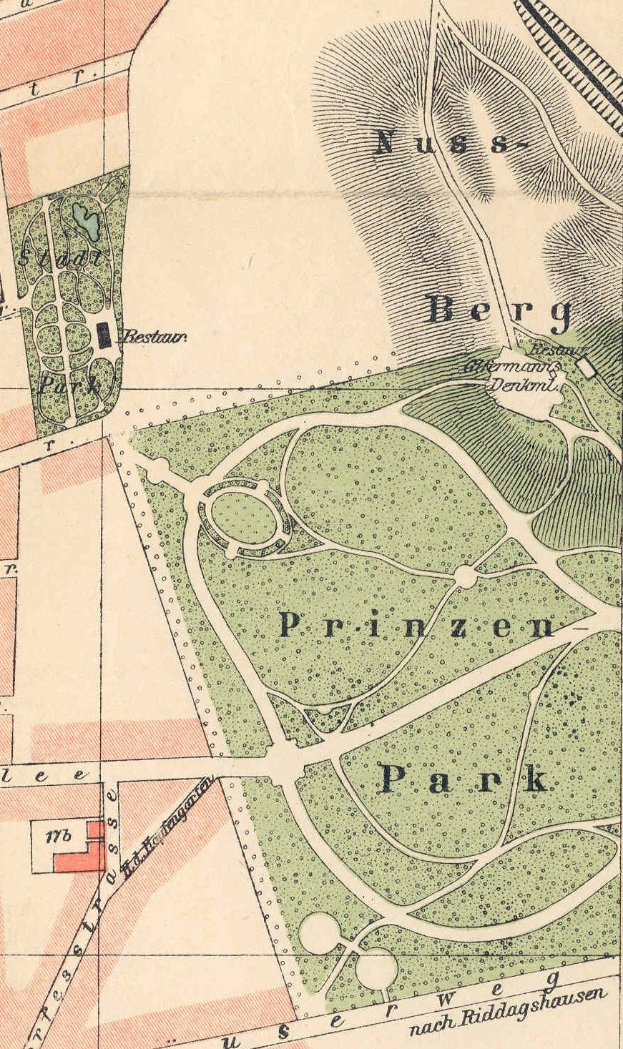 Ausführliche alte Karte von Berlin, Deutschland, die einen bestimmten Park mit Straßen, Sehenswürdigkeiten und Text beschreibt.