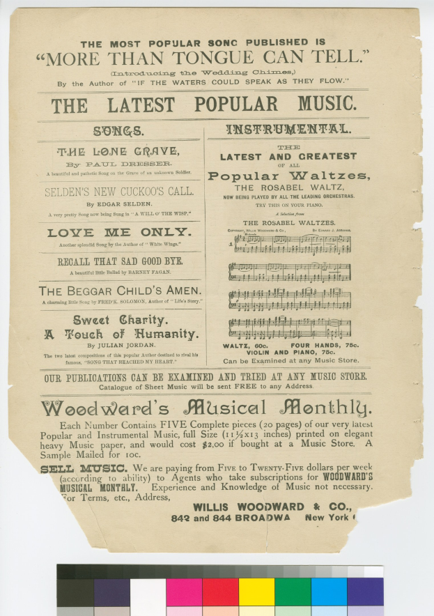 Ein Blatt Papier mit dem Text "Das meistgehörte Lied ist mehr als die Zunge sagen kann" und Farbmustern unten.