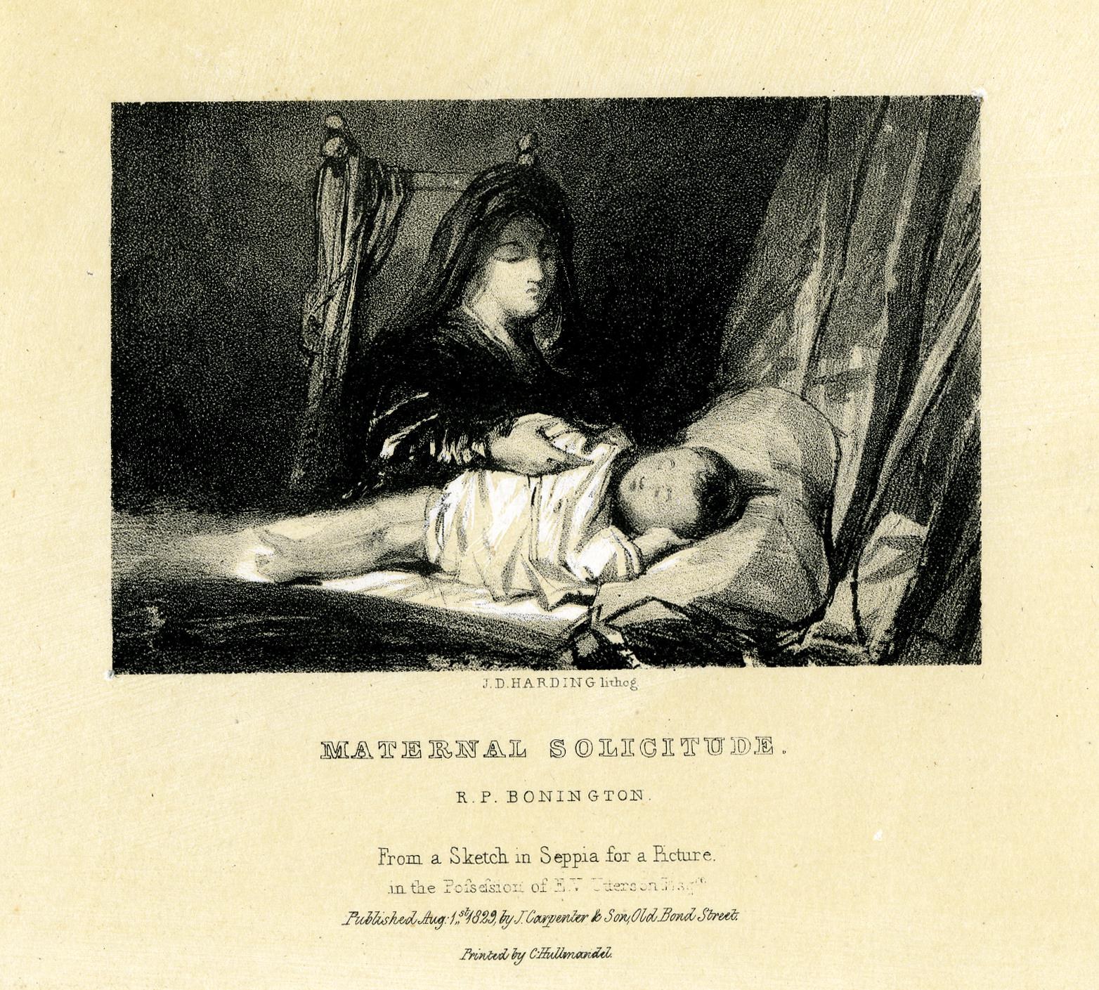 Eine Frau in einem weißen Kleid sitzt auf einem Bett und hält ein Baby nah an ihrer Brust, während das Baby glücklich zu ihr hochschaut, mit dem Text "Maternal Solitude by R.P. Bonington" unten.
