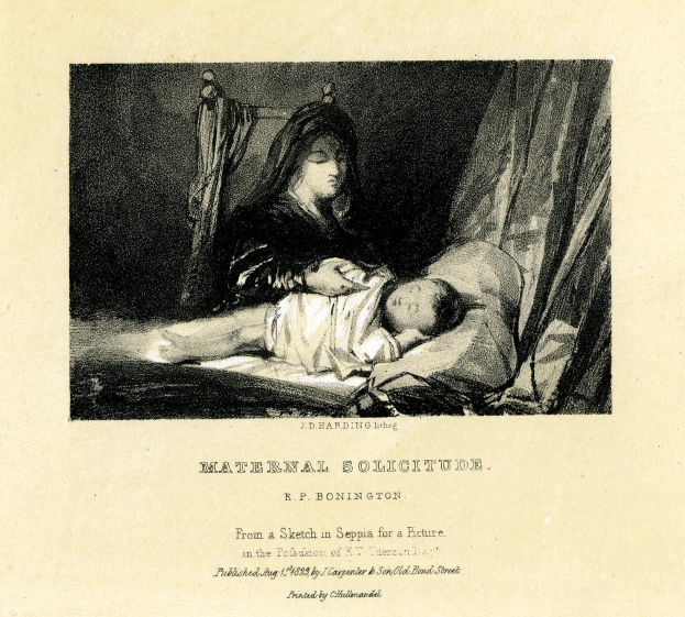 Eine Frau in einem weißen Kleid sitzt auf einem Bett und hält ein Baby nah an ihrer Brust, während das Baby glücklich zu ihr hochschaut, mit dem Text "Maternal Solitude by R.P. Bonington" unten.
