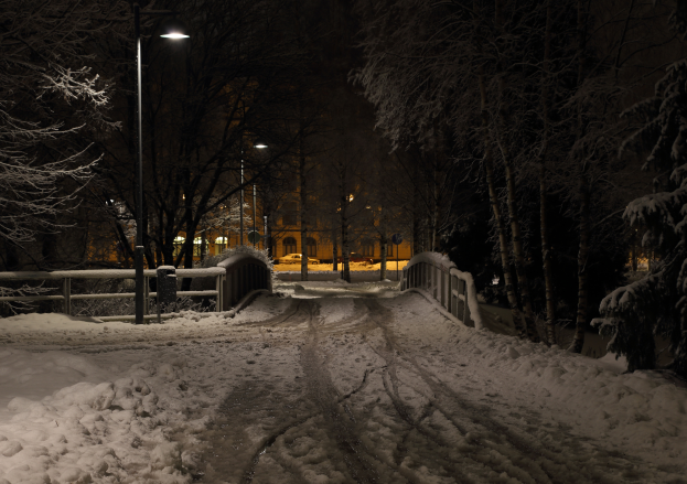 Ein verschneiter Weg in einem Park bei Nacht, beleuchtet von Stra├čenlaternen, umgeben von Gel├Ąndern und B├Ąumen, mit Geb├Ąuden und Fahrzeugen im Hintergrund.