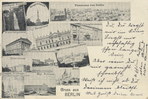 Eine alte Postkarte mit verschiedenen Bildern von Berlin, darunter Gebäude, Bäume und eine Statue, sowie einigen handgeschriebenen Text.