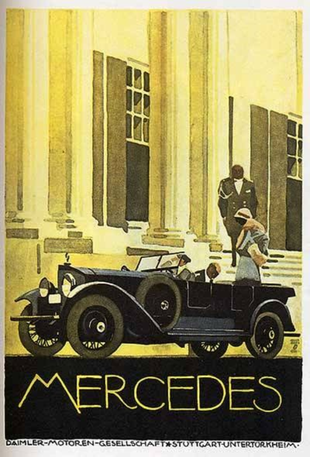Vintage-Plakat aus den 1920er Jahren mit einem Mercedes-Benz-Auto, das vor einem modernen Gl├Ąserbauwerk geparkt ist, mit zwei Personen im Auto und fetter schwarzer Schrift, die unten 'Mercedes-Benz' lautet.