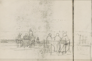 Eine Skizze von Joseph Mallord William Turner, die eine Gruppe von Menschen zeigt, die um einen Tisch in einem warmen, einladenden Cafe sitzen, dargestellt in einem realistischen Stil mit gedämpften, erdigen Farben.