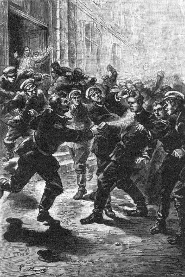 Schwarz-weisse Illustration über eine gewalttätige Strassenrauferei unter einer Gruppe von Männern, mit einem Gebäude im Hintergrund und der überschrift "Victorian riots in London, England" unten.