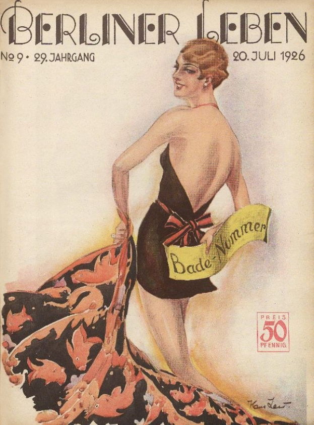 Titelbild der Berliner Leben Zeitschrift aus Juni 1926 mit einer Frau in einem Badeanzug, die ein Tuch hält, mit dem Zeitschriften-Titel darüber.