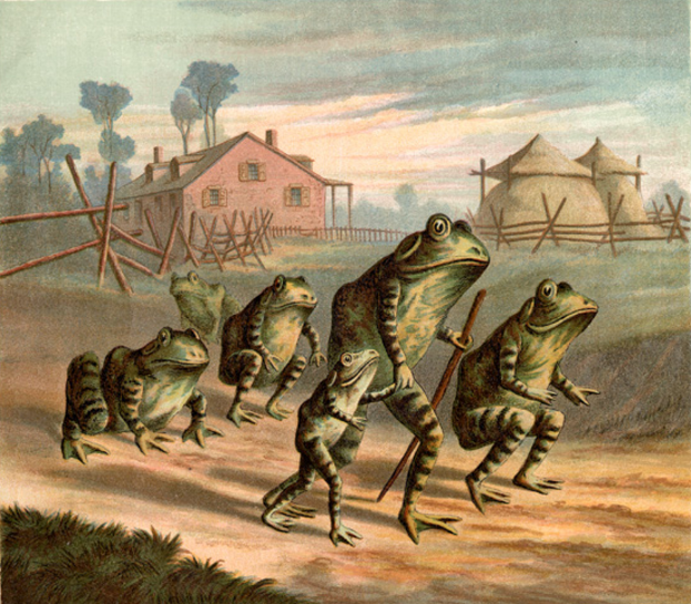 Eine Gruppe von Fröschen, die über eine Schotterstraße gehen, einer hält einen Stock, mit Hütten, einem Haus, Bäumen und Himmel im Hintergrund und Gras unten.