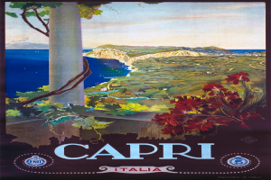 Ein Plakat, das eine Weinprobe in Capri, Italien, ankündigt, mit einem Baum mit saftig grünen Blättern, einer Säule, einem Gewässer, sanften Hügeln und einem strahlend blauen Himmel, mit Text, der die Weinprobe beschreibt.